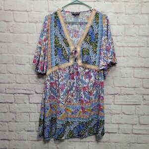 Pyramid Collection Floral Flowy Tunic Dress Sz XL Boho Summer Festival Colorful